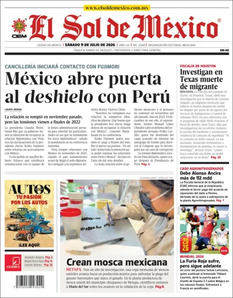 Portada de El Sol de Mexico del sábado, 11 de julio de 2026