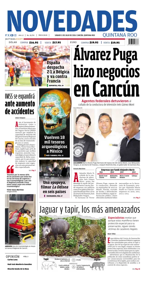 Portada de Novedades Quintana Roo del sábado, 11 de julio de 2026