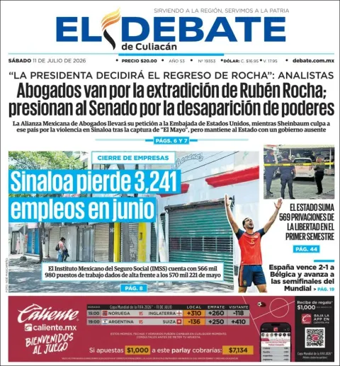 Portada de El Debate de Culiacan del sábado, 11 de julio de 2026