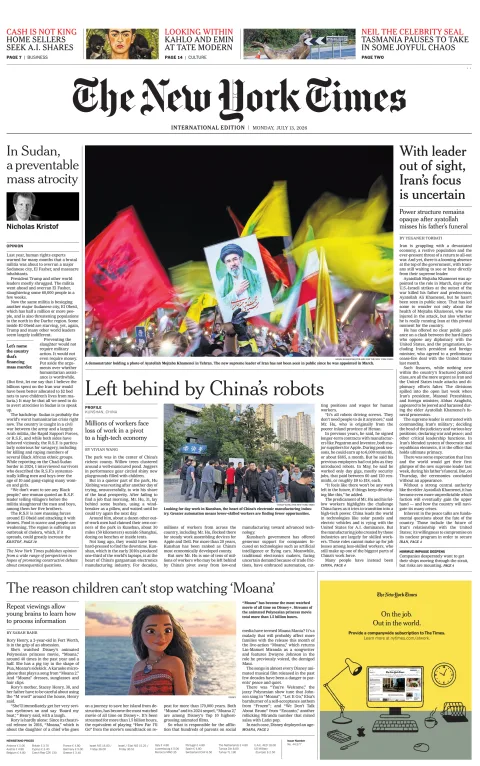 Portada de The New York Times (international) del lunes, 13 de julio de 2026