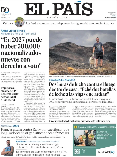 Portada de El Pais del lunes, 13 de julio de 2026