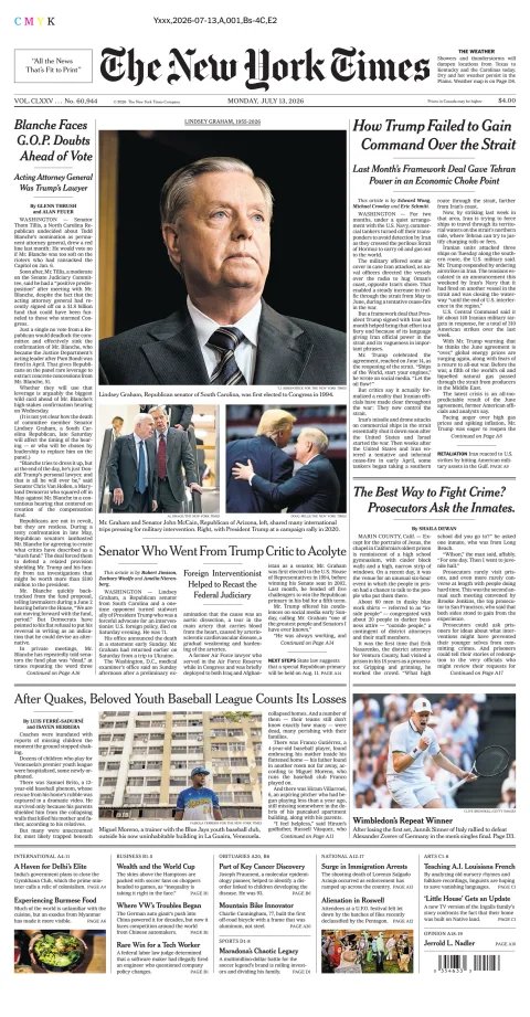 Portada de The New York Times (national) del lunes, 13 de julio de 2026