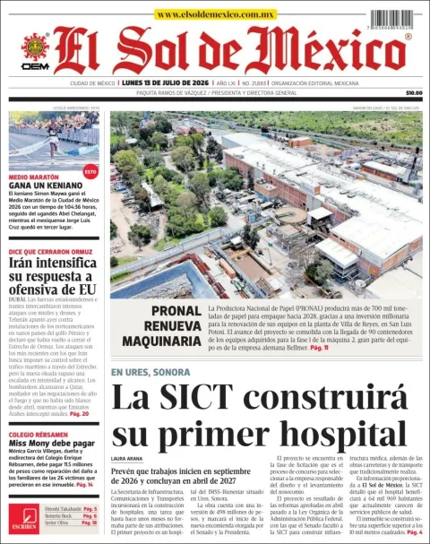 Portada de El Sol de Mexico del lunes, 13 de julio de 2026