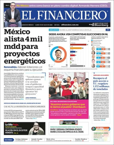 Portada de El Financiero del lunes, 13 de julio de 2026