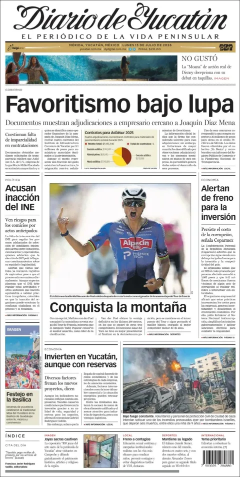 Portada de Diario de Yucatán del lunes, 13 de julio de 2026