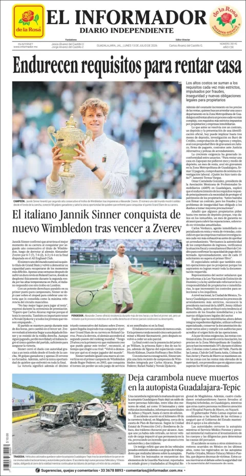 Portada de El Informador del lunes, 13 de julio de 2026