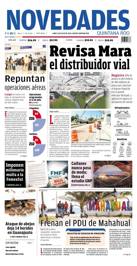 Portada de Novedades Quintana Roo del lunes, 13 de julio de 2026