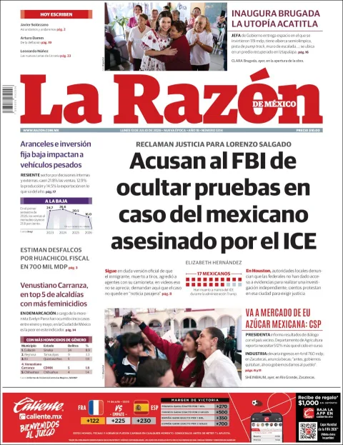 Portada de La Razon del lunes, 13 de julio de 2026