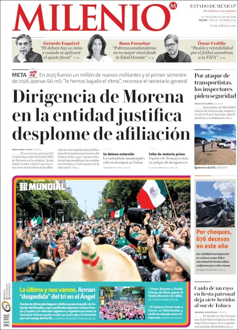 Portada de Milenio Edo de Mexico del lunes, 13 de julio de 2026