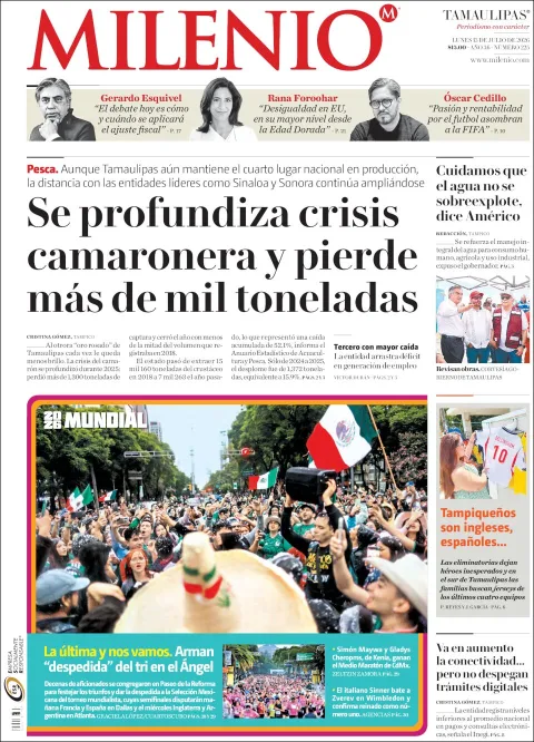 Portada de Milenio Tamaulipas del lunes, 13 de julio de 2026