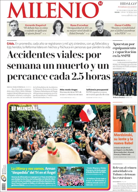 Portada de Milenio Hidalgo del lunes, 13 de julio de 2026