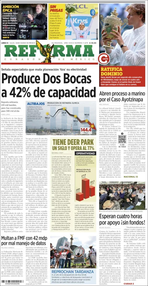Portada de Reforma del lunes, 13 de julio de 2026