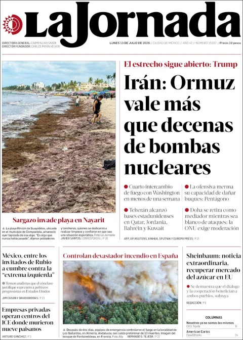 Portada de La Jornada del lunes, 13 de julio de 2026