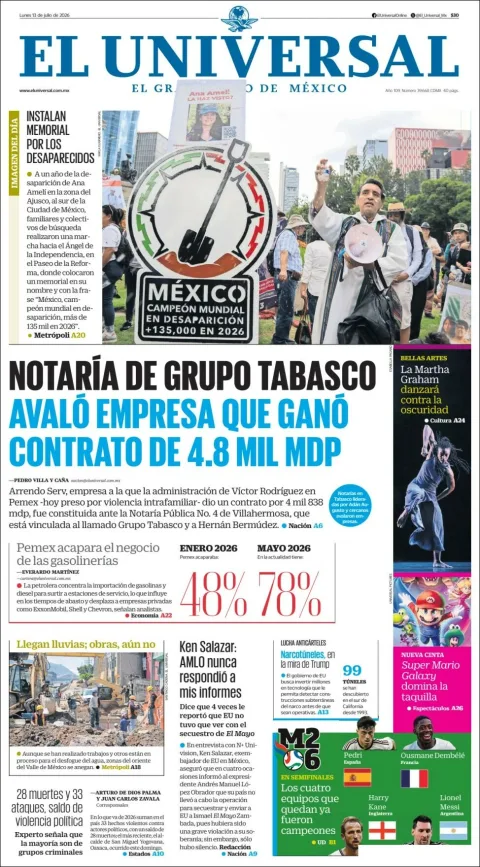 Portada de El Universal del lunes, 13 de julio de 2026