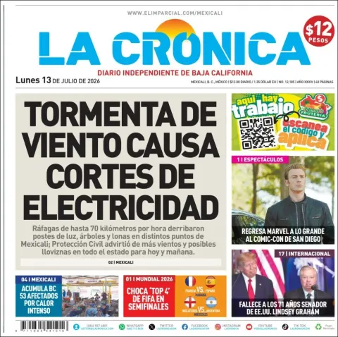 Portada de La Cronica del lunes, 13 de julio de 2026