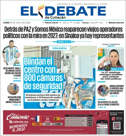 Portada de El Debate de Culiacan del lunes, 13 de julio de 2026