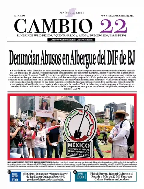 Portada de Diario Cambio 22 (contraportada) del lunes, 13 de julio de 2026