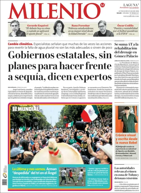 Portada de Milenio Laguna del lunes, 13 de julio de 2026