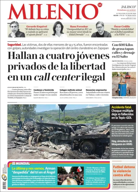 Portada de Milenio Jalisco del lunes, 13 de julio de 2026