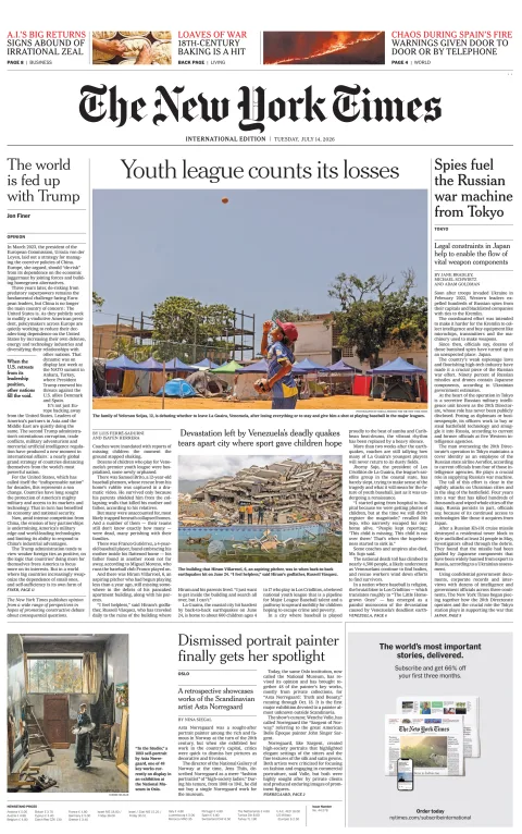 Portada de The New York Times (international) del martes, 14 de julio de 2026