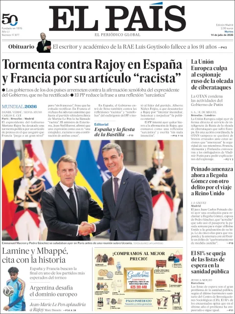 Portada de El Pais del martes, 14 de julio de 2026
