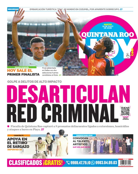Portada de Quintana Roo Hoy (contraportada) del martes, 14 de julio de 2026