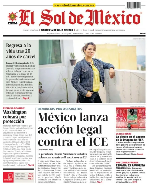 Portada de El Sol de Mexico del martes, 14 de julio de 2026