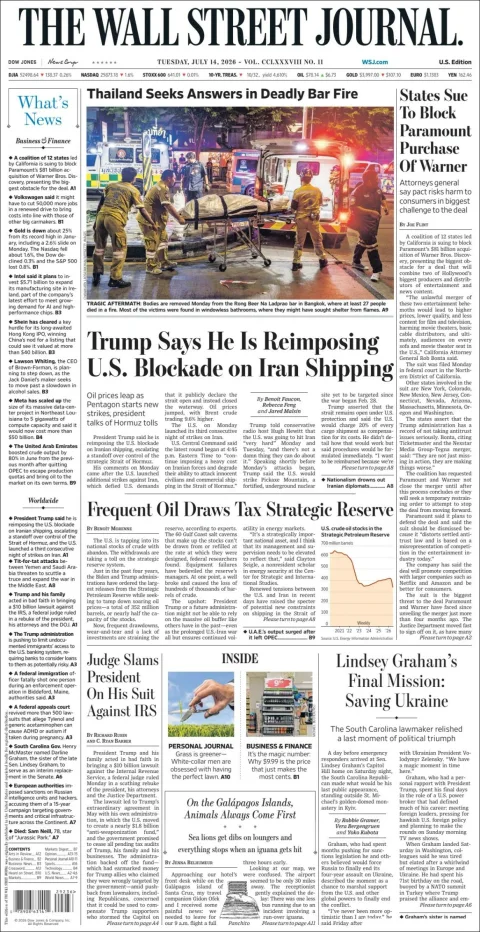 Portada de The Wall Street Journal del martes, 14 de julio de 2026