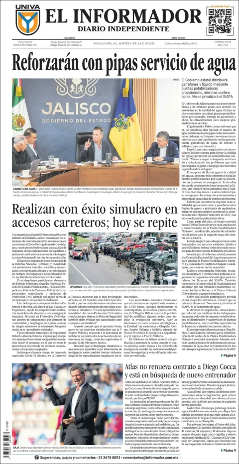Portada de El Informador del martes, 14 de julio de 2026