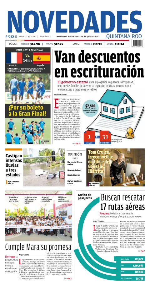 Portada de Novedades Quintana Roo del martes, 14 de julio de 2026