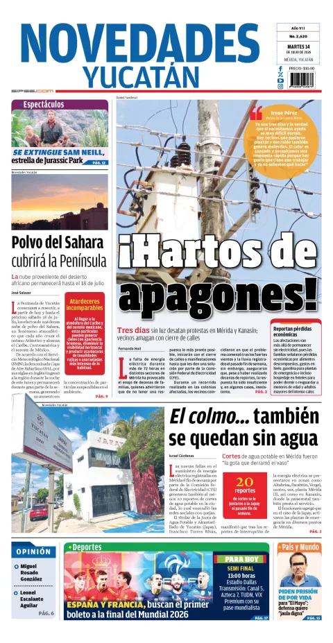 Portada de Novedades Yucatan del martes, 14 de julio de 2026