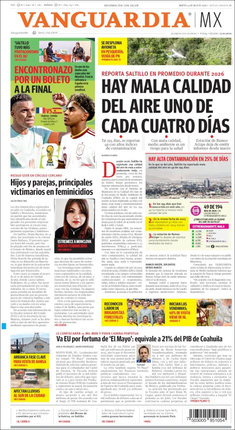 Portada de Vanguardia del martes, 14 de julio de 2026