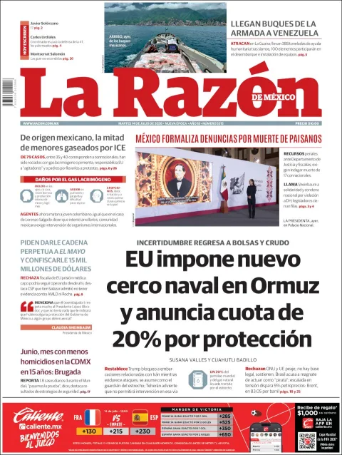 Portada de La Razon del martes, 14 de julio de 2026