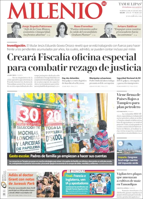 Portada de Milenio Tamaulipas del martes, 14 de julio de 2026