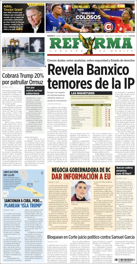 Portada de Reforma del martes, 14 de julio de 2026