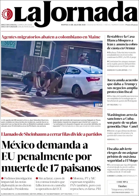 Portada de La Jornada del martes, 14 de julio de 2026