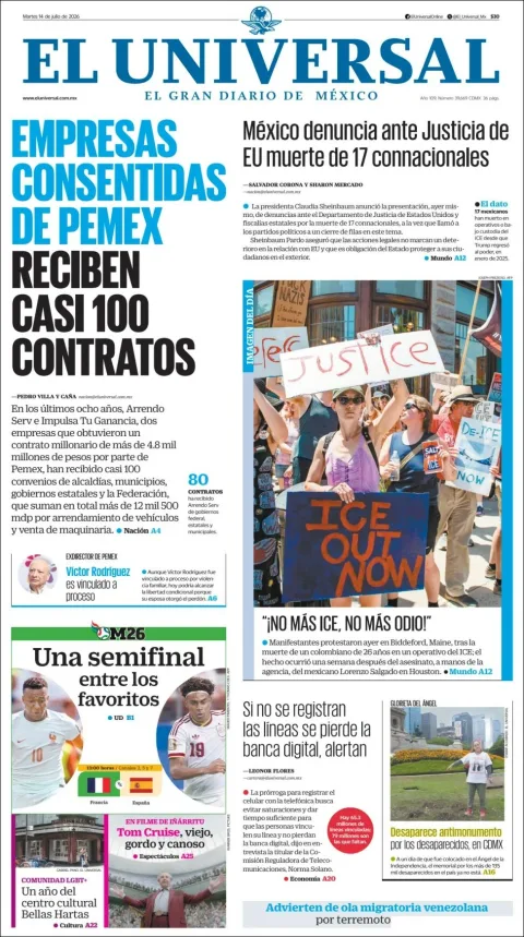 Portada de El Universal del martes, 14 de julio de 2026