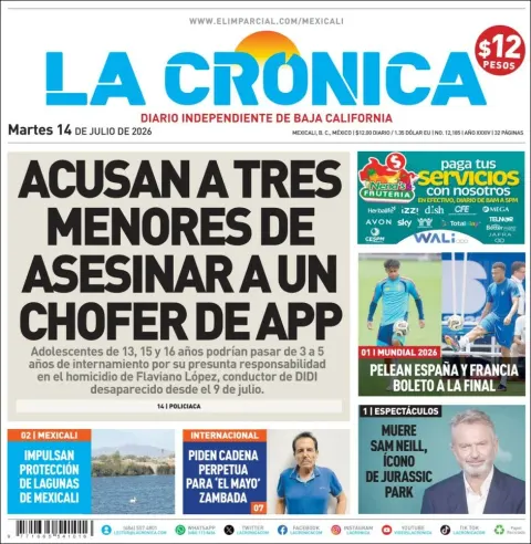 Portada de La Cronica del martes, 14 de julio de 2026