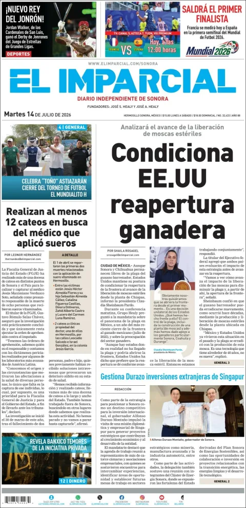 Portada de El Imparcial del martes, 14 de julio de 2026