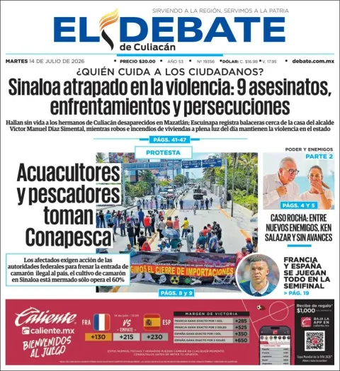 Portada de El Debate de Culiacan del martes, 14 de julio de 2026