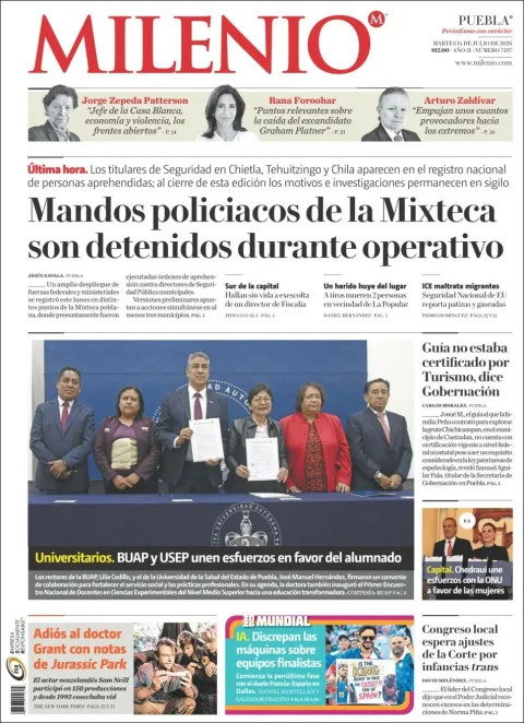 Portada de Milenio Puebla del martes, 14 de julio de 2026