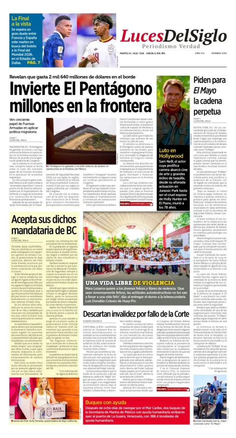 Portada de Luces del Siglo del martes, 14 de julio de 2026