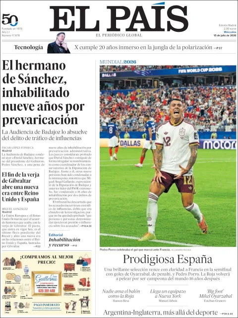 Portada de El Pais del miércoles, 15 de julio de 2026
