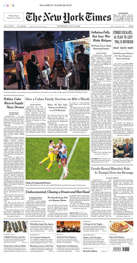 Portada de The New York Times (new York) del miércoles, 15 de julio de 2026