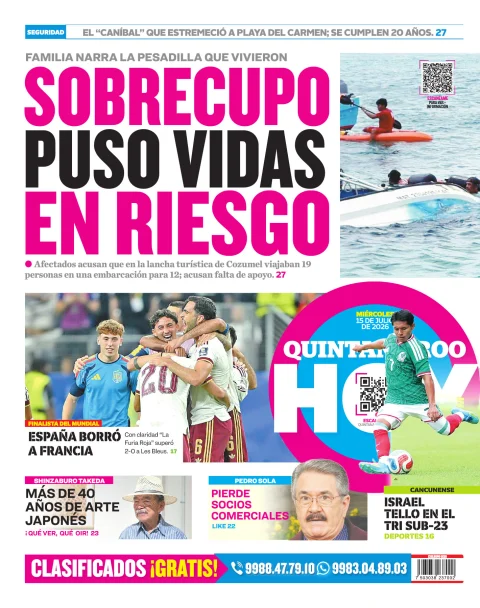 Portada de Quintana Roo Hoy (contraportada) del miércoles, 15 de julio de 2026