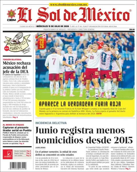 Portada de El Sol de Mexico del miércoles, 15 de julio de 2026