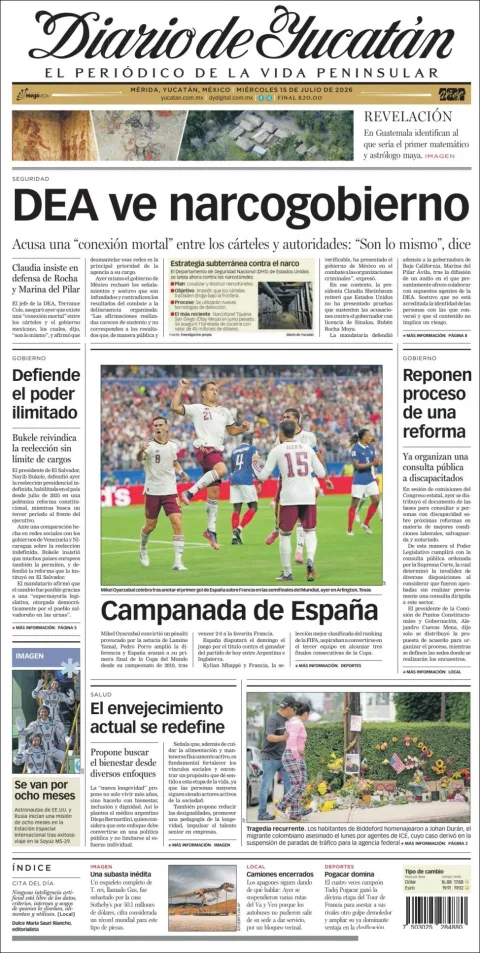 Portada de Diario de Yucatán del miércoles, 15 de julio de 2026