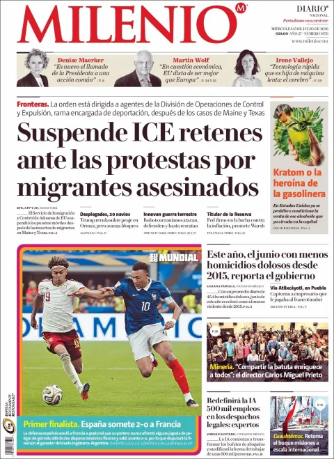 Portada de Milenio del miércoles, 15 de julio de 2026