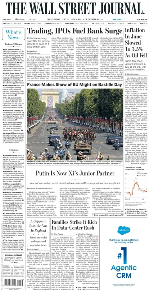 Portada de The Wall Street Journal del miércoles, 15 de julio de 2026