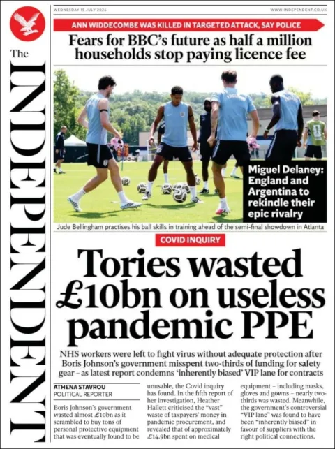 Portada de The Independent del miércoles, 15 de julio de 2026